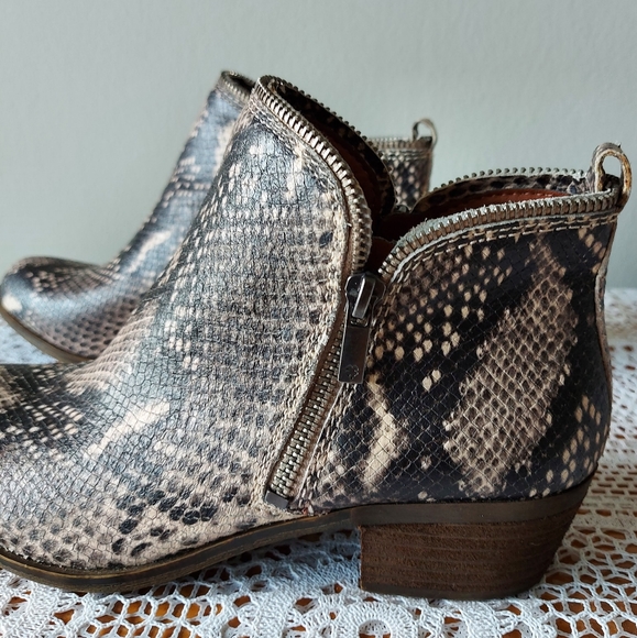 LUCKY BRAND Leather Ankle Snakeskin Bootie Double Zipper Stacked Block Heel Sz 8 - Picture 13 of 14